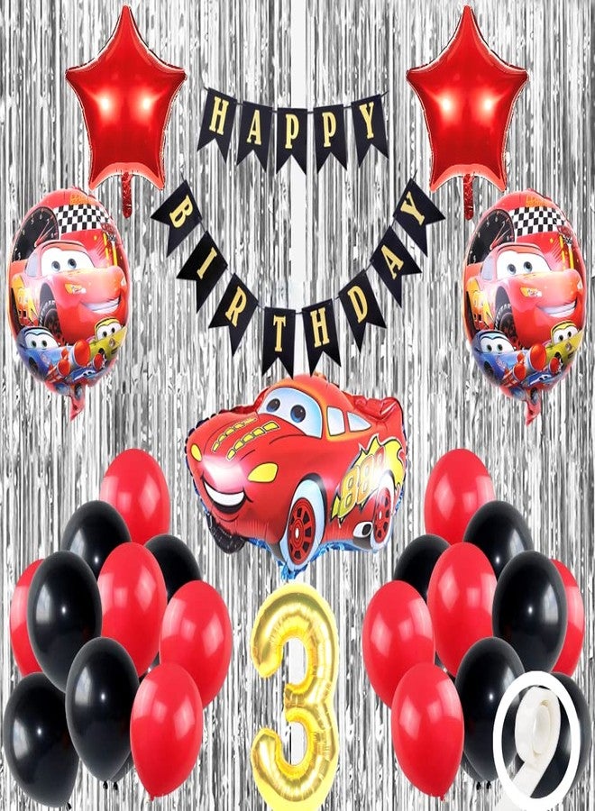 Flyloons 3rd McQueen Cars Theme birthday decorations items for Boys Girls Black Banner With Cars Foil Balloon, Red Star Foil,Black Red Balloons,Silver Foil Curtains,Glue Dots, Foil Balloon number 3 - Image 1
